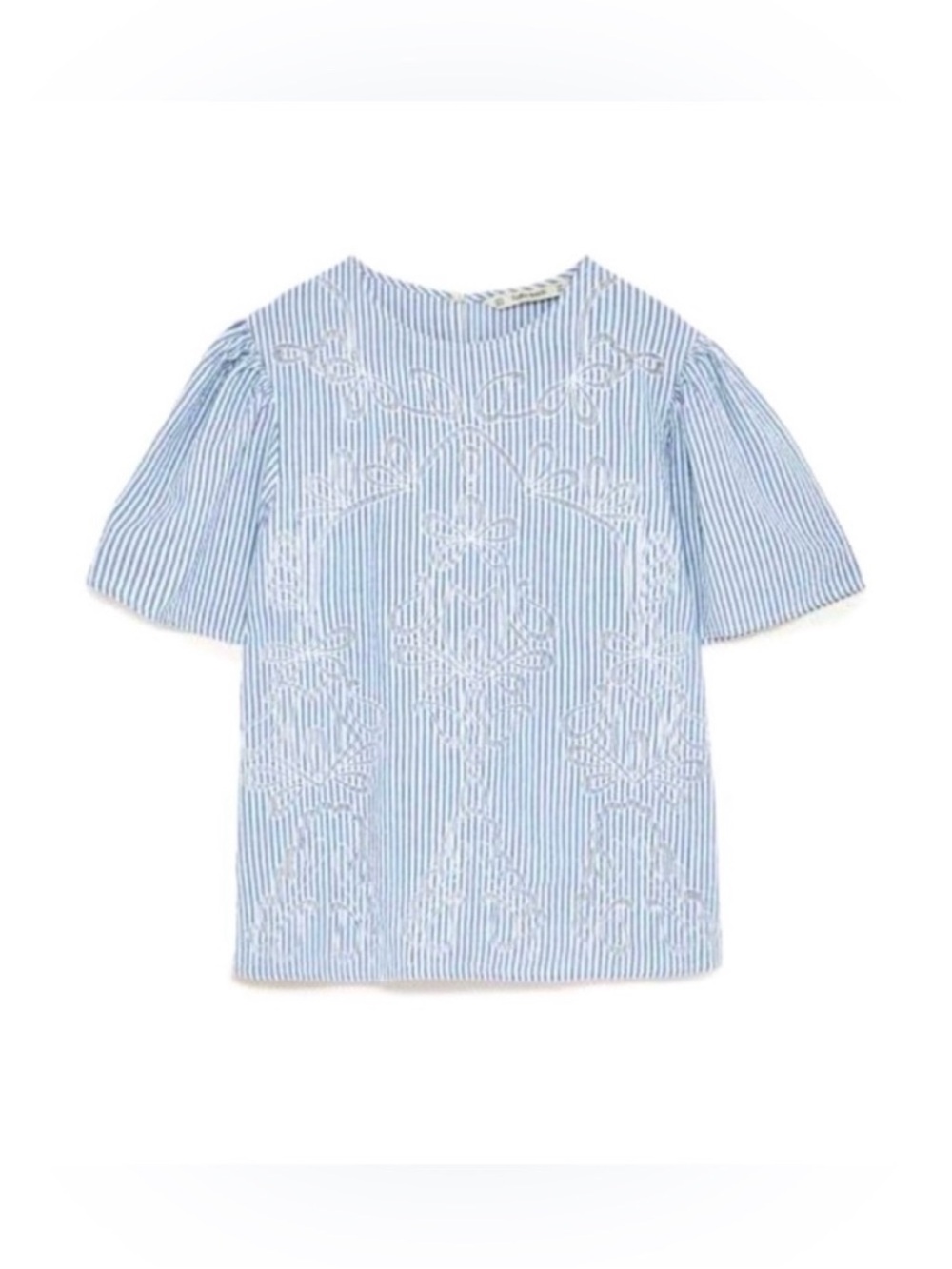 ZARA Striped Blue Blouse With Lace Floral Cutout Detail And Puff Sleeves